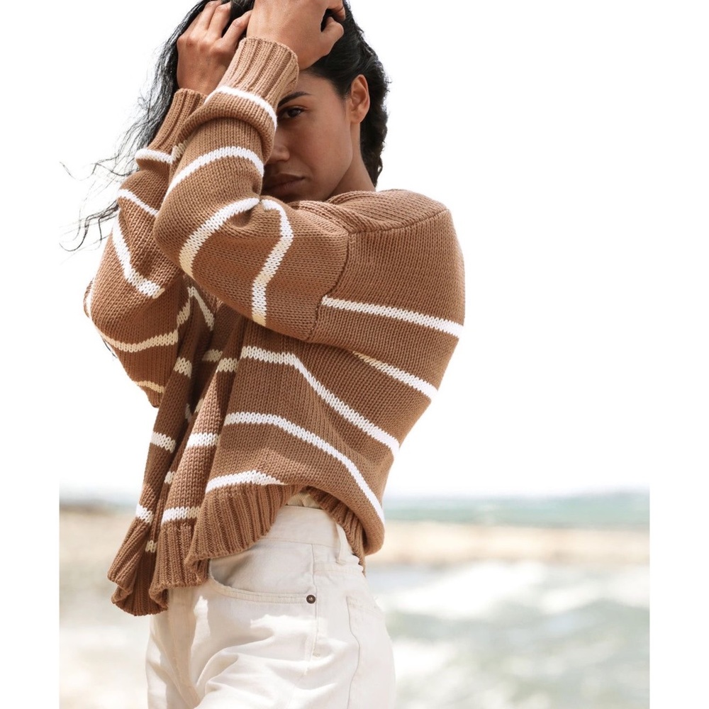 Jenni Kayne Sweater Chloe Crewneck Cotton Knit Ribbed Boxy Camel Stripe XL GUC